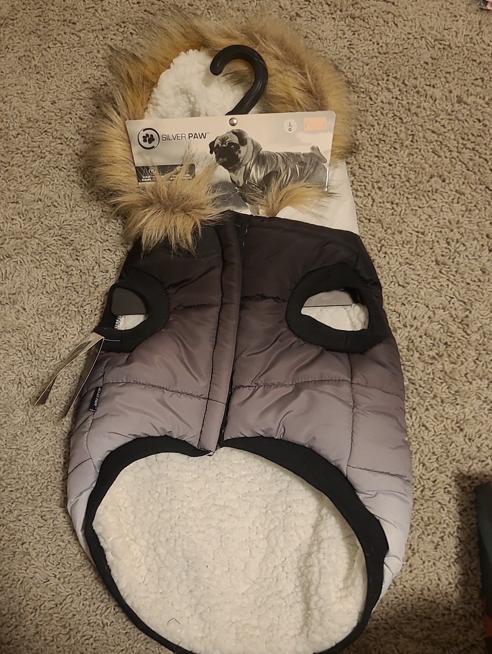 Silver Paw Gray Ombre Quilted DOG Puffer Jacket with Faux Fur Hood